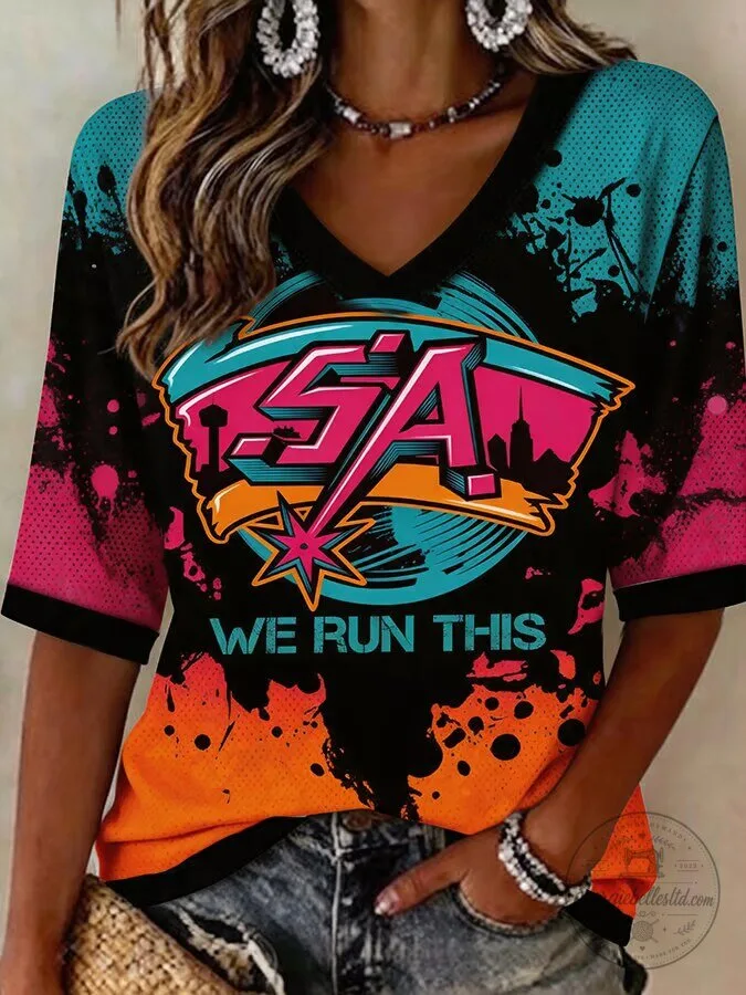 USA Basketball Fan V-Neck T-Shirt for Women - We Run This Design